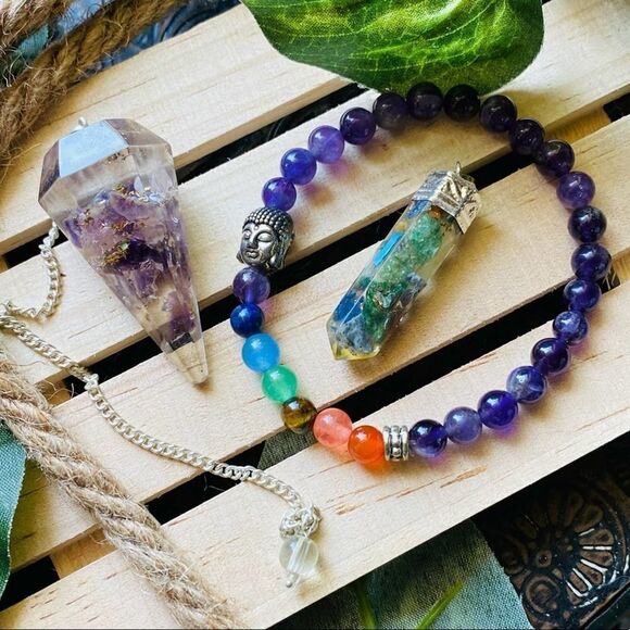 7 Chakra Amethyst Bracelet Orgone Pendulum Bundle - Picture 1 of 4